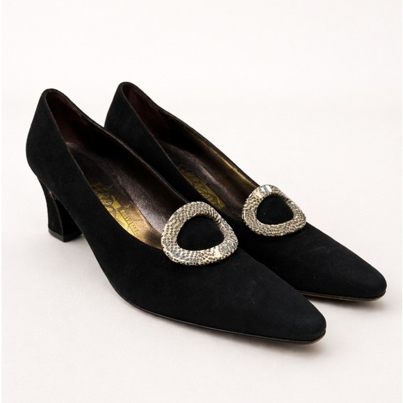 Salvatore Ferragamo Shoes - Vintage Salvatore Ferragamo Pilgrim Black Suede Block Heel Pump Buckle 8AA Italy